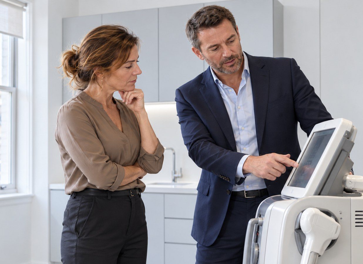 Device specialist demonstrating a treatment system to a clinic owner